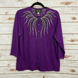Bob Mackie Purple Embroidered Button Lightweight Cardigan Sweater NWT
